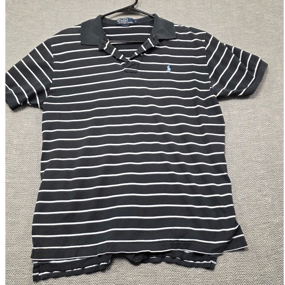 Polo Ralph Lauren Mens Striped Polo‎ Shirt Navy Blue White Size L Short Sleeve